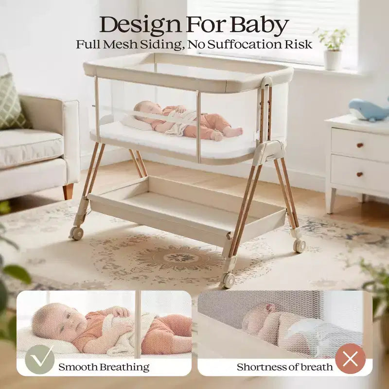 AmourLil Baby Bassinet Lettino Neonato Fianco Letto con Ruote e Vassoio Portaoggetti, Culla Portatile per Neonati