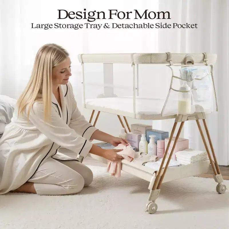 AmourLil Baby Bassinet Lettino Neonato Fianco Letto con Ruote e Vassoio Portaoggetti, Culla Portatile per Neonati