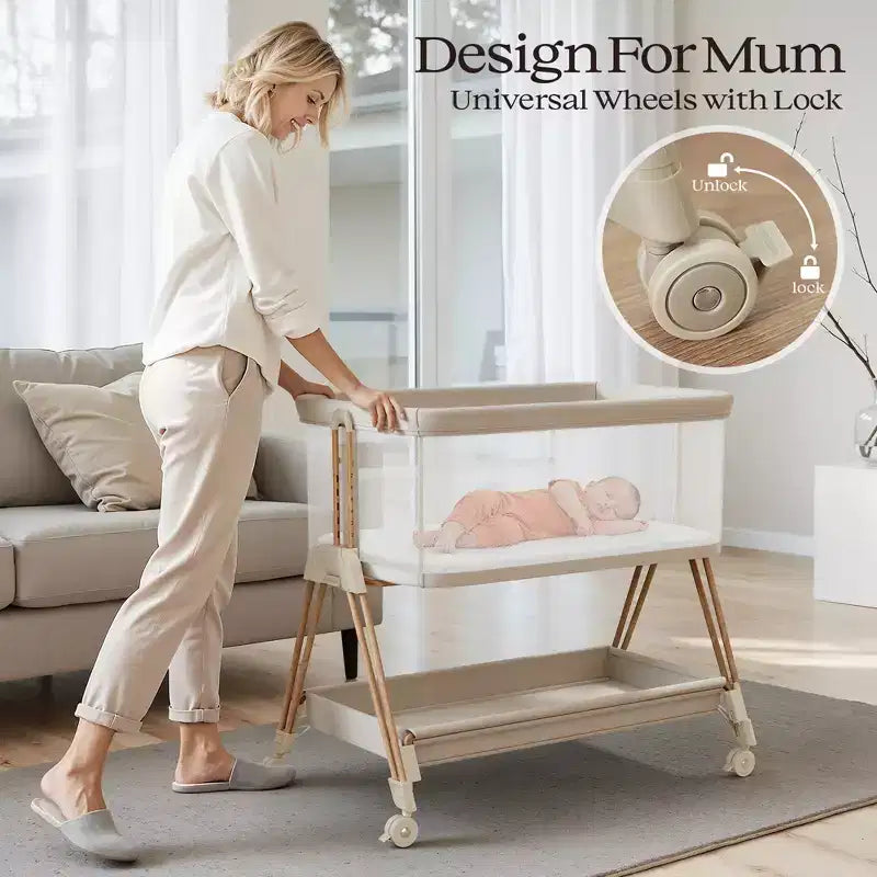 AmourLil Baby Bassinet Lettino Neonato Fianco Letto con Ruote e Vassoio Portaoggetti, Culla Portatile per Neonati