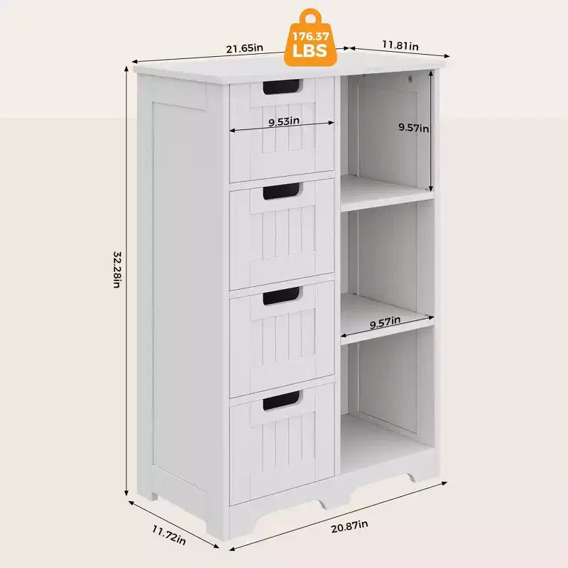 JIONJOY Mobiletto portaoggetti a 4 cassetti con ripiano aperto, Armadietto da terra in legno per ingresso, bagno, camera da letto e soggiorno