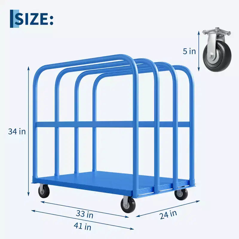 Carrello Piattaforma Pieghevole Resistente da 900 kg con Doppi Corrimano Laterali, Ruote Girevoli da 5 Pollici, Carrello Piattaforma Piana da 94x61 cm Blu