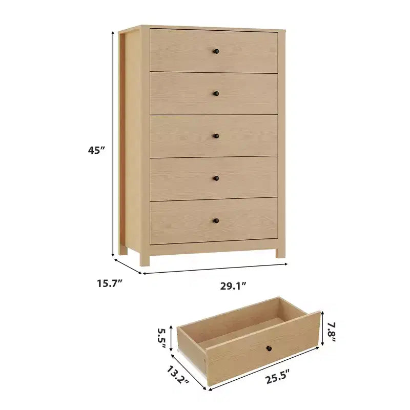 CuisinSmart cassettiera a 5 cassetti in legno alta, cassettiera a 5 cassetti alta per camera da letto soggiorno, Rovere