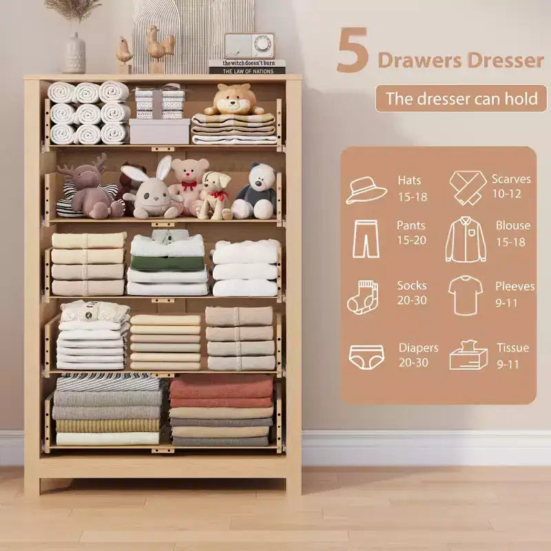 CuisinSmart cassettiera a 5 cassetti in legno alta, cassettiera a 5 cassetti alta per camera da letto soggiorno, Rovere