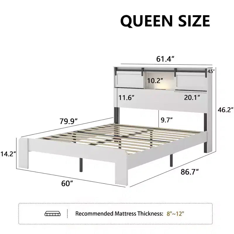 Letto a piattaforma Queen/King Size con Stazione di Ricarica, Struttura letto a piattaforma in legno con Contenitore
