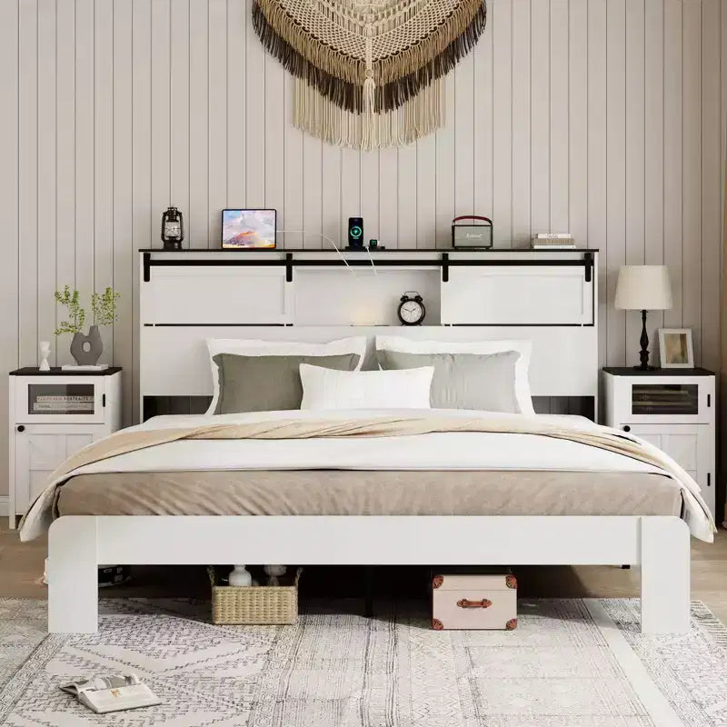 Letto a piattaforma Queen/King Size con Stazione di Ricarica, Struttura letto a piattaforma in legno con Contenitore