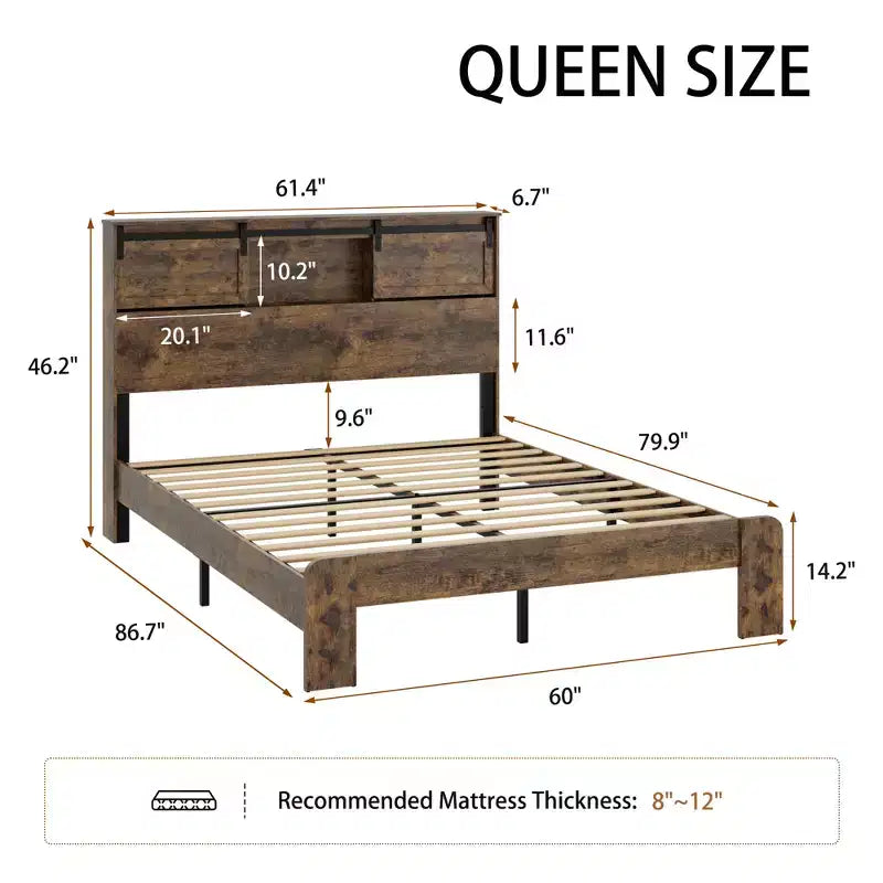 Letto a piattaforma Queen/King Size con Stazione di Ricarica, Struttura letto a piattaforma in legno con Contenitore