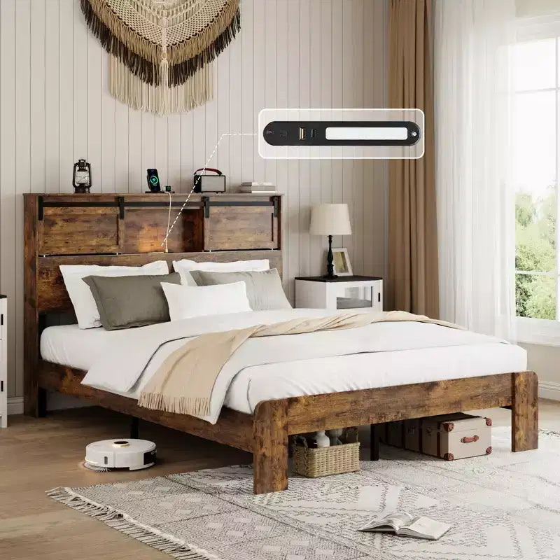 Letto a piattaforma Queen/King Size con Stazione di Ricarica, Struttura letto a piattaforma in legno con Contenitore