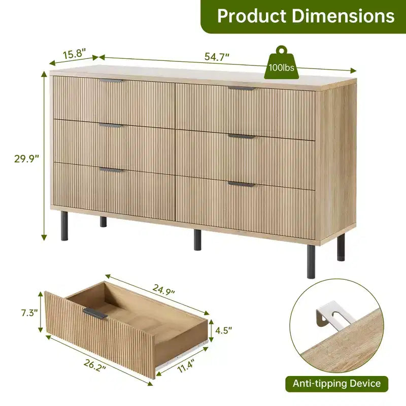 Comò moderno in legno scanalato - 6 ampi cassetti - Design antiribaltamento e gambe in metallo - Maniglie eleganti - Perfetto per camera da letto, soggiorno