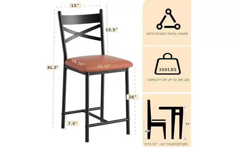 GustoWave Sgabelli da Bar Set da 2, Sedie da Bar in Metallo Altezza Bancone con Schienale e Seduta Imbottita Spessa, Sedute Imbottite per Isola Cucina, Marrone Moderno