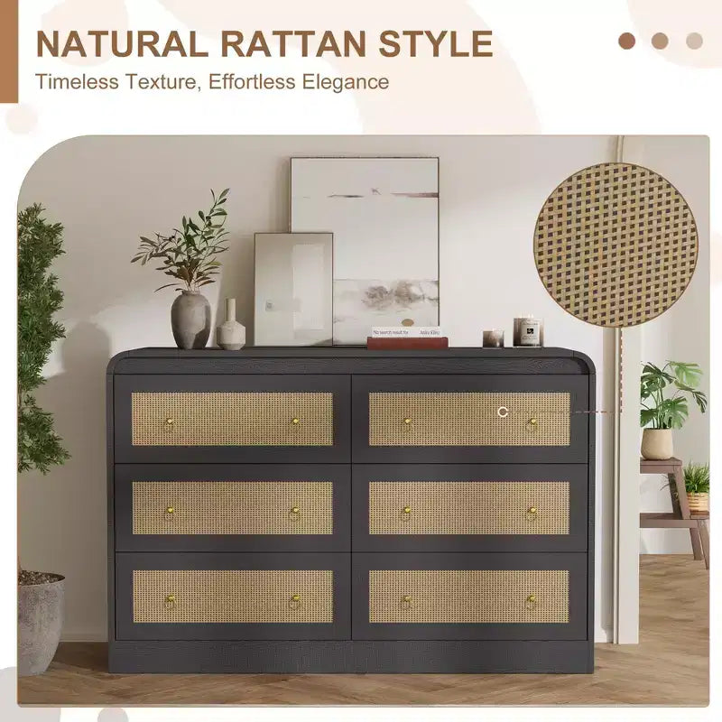 Cassettiera in Rattan ad Arco Larga 46 - Cassettiera da Camera a 6 Cassetti, Contenitore per Soggiorno e Corridoio, Cassettiera in Legno di Ispirazione Mid-Century
