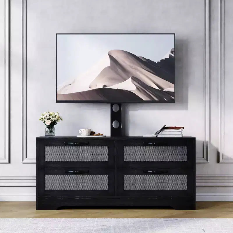 Acekool Mobile TV Credenza con Cassetti e Ante in Rattan, Mobiletto Media Stile Rustico per Soggiorno Camera da Letto