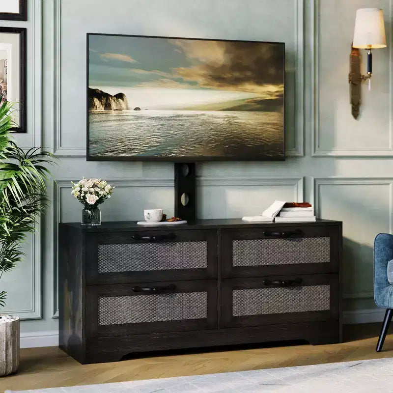 Acekool Mobile TV Credenza con Cassetti e Ante in Rattan, Mobiletto Media Stile Rustico per Soggiorno Camera da Letto