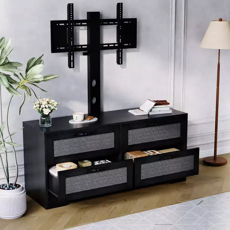 Acekool Mobile TV Credenza con Cassetti e Ante in Rattan, Mobiletto Media Stile Rustico per Soggiorno Camera da Letto