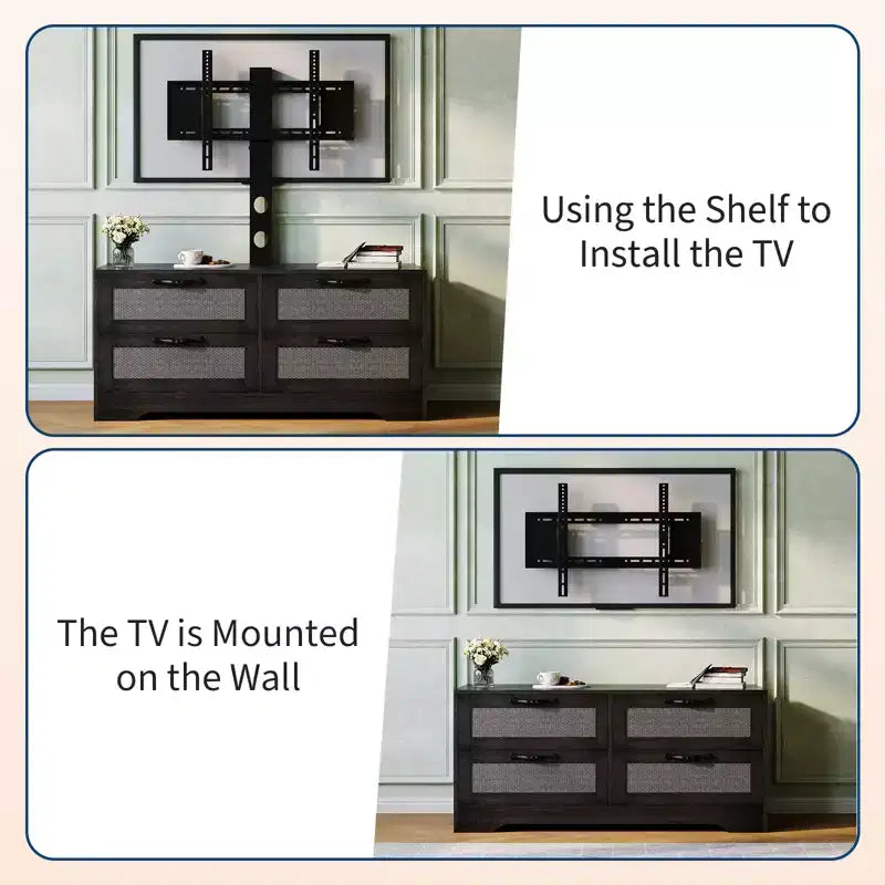Acekool Mobile TV Credenza con Cassetti e Ante in Rattan, Mobiletto Media Stile Rustico per Soggiorno Camera da Letto