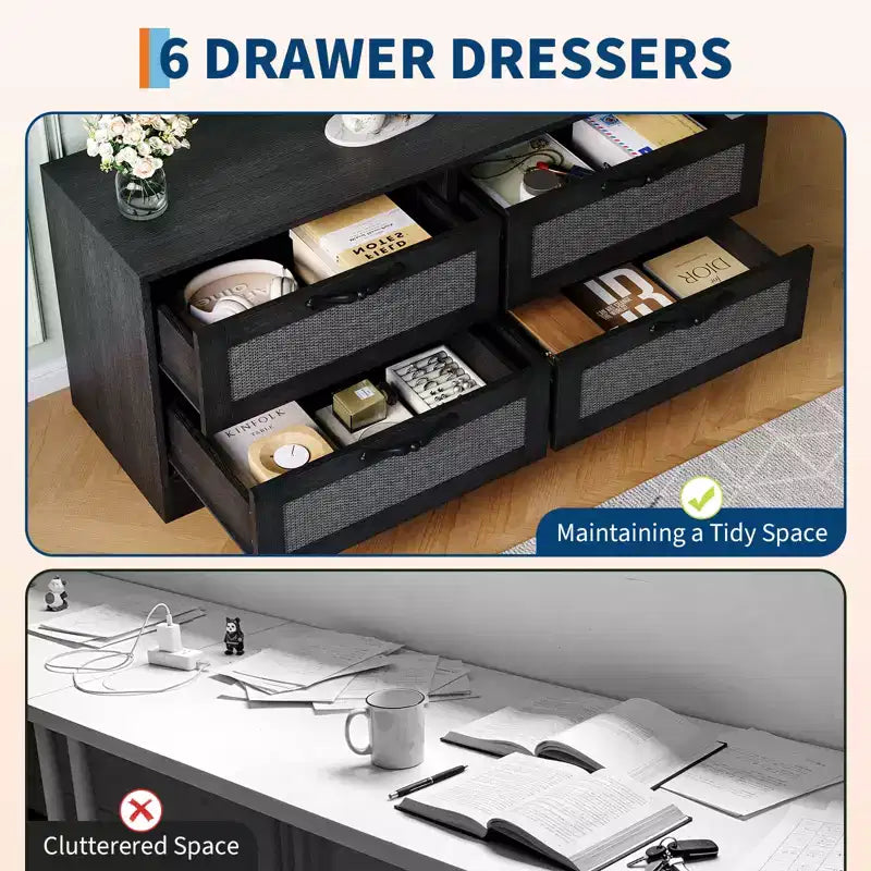 Acekool Mobile TV Credenza con Cassetti e Ante in Rattan, Mobiletto Media Stile Rustico per Soggiorno Camera da Letto