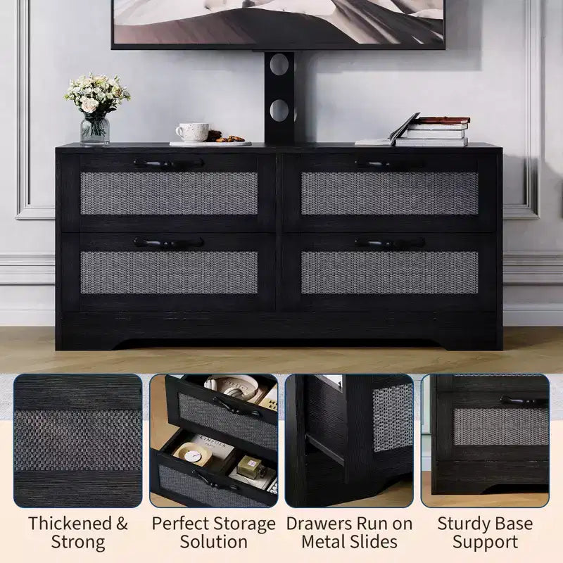 Acekool Mobile TV Credenza con Cassetti e Ante in Rattan, Mobiletto Media Stile Rustico per Soggiorno Camera da Letto