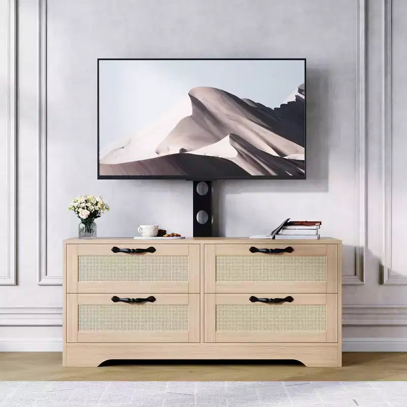 Acekool Mobile TV Credenza con Cassetti e Ante in Rattan, Mobiletto Media Stile Rustico per Soggiorno Camera da Letto