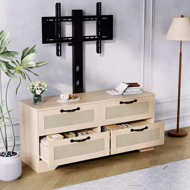 Acekool Mobile TV Credenza con Cassetti e Ante in Rattan, Mobiletto Media Stile Rustico per Soggiorno Camera da Letto