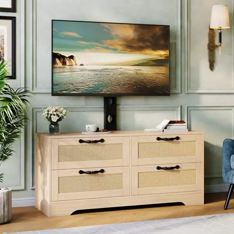 Acekool Mobile TV Credenza con Cassetti e Ante in Rattan, Mobiletto Media Stile Rustico per Soggiorno Camera da Letto