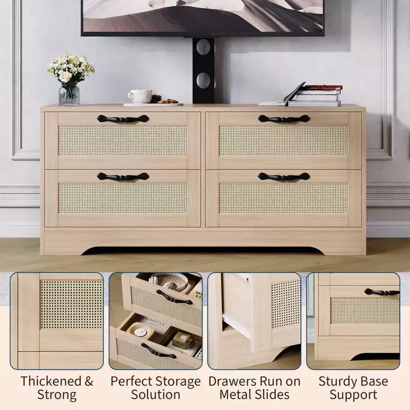 Acekool Mobile TV Credenza con Cassetti e Ante in Rattan, Mobiletto Media Stile Rustico per Soggiorno Camera da Letto