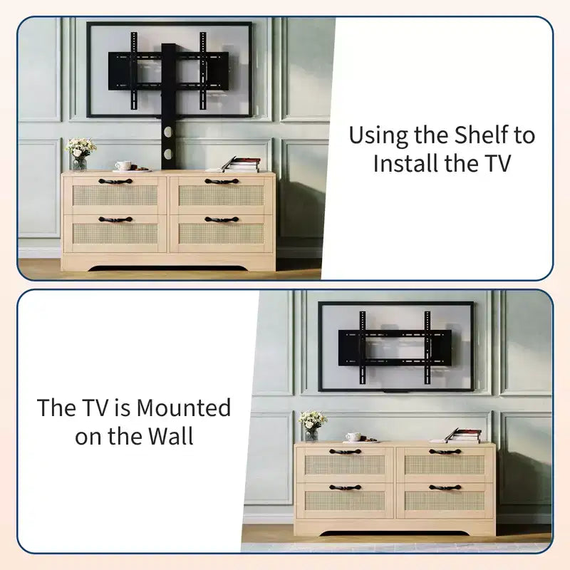 Acekool Mobile TV Credenza con Cassetti e Ante in Rattan, Mobiletto Media Stile Rustico per Soggiorno Camera da Letto