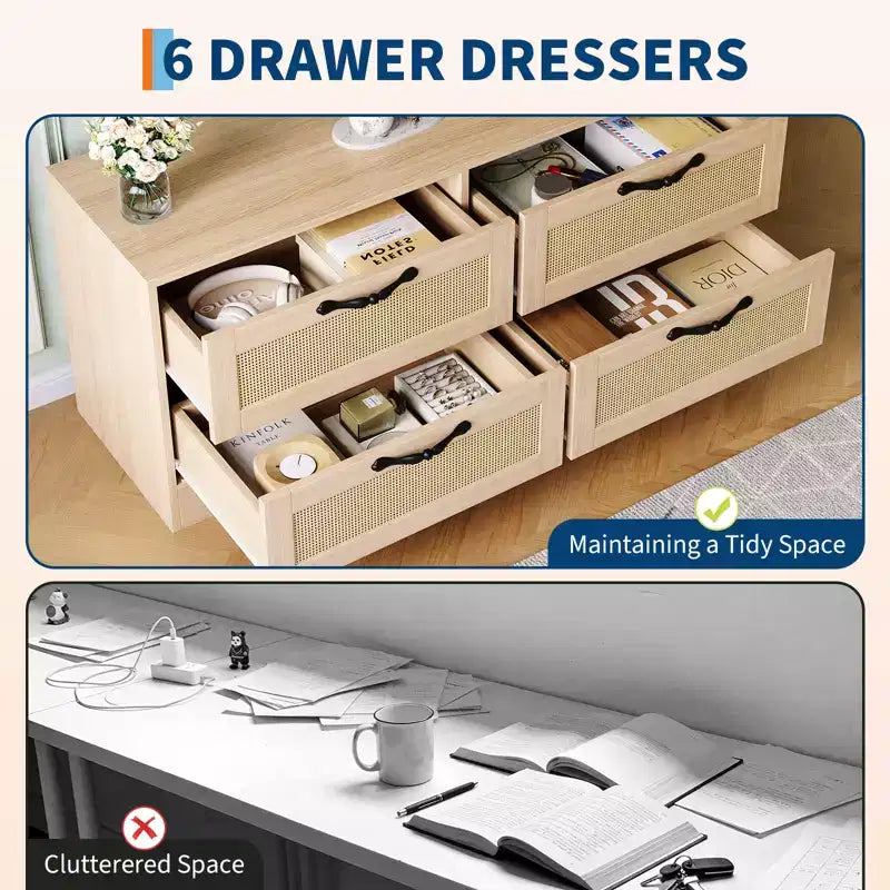 Acekool Mobile TV Credenza con Cassetti e Ante in Rattan, Mobiletto Media Stile Rustico per Soggiorno Camera da Letto