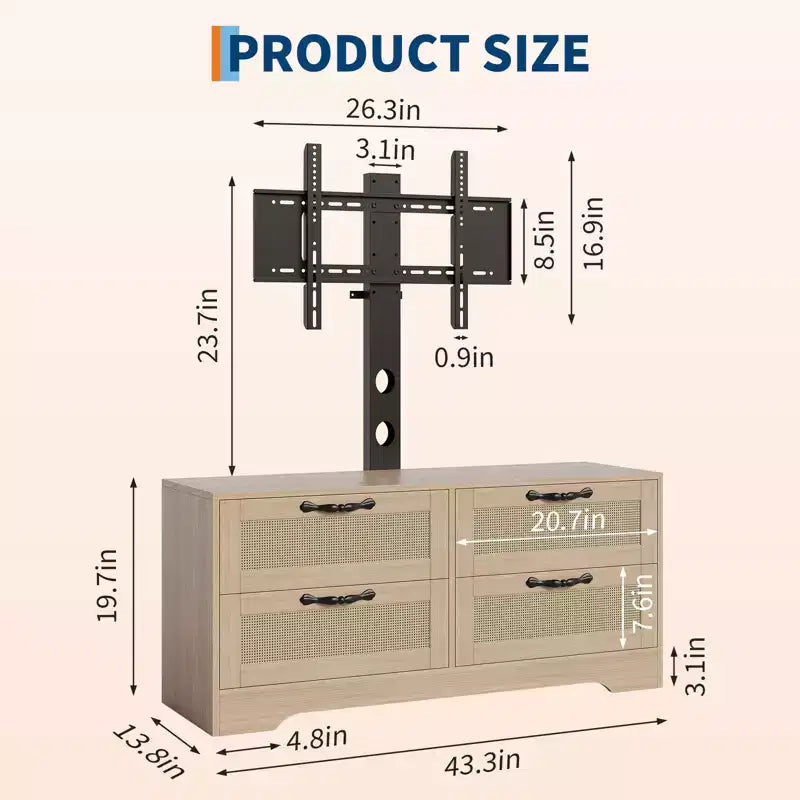 Acekool Mobile TV Credenza con Cassetti e Ante in Rattan, Mobiletto Media Stile Rustico per Soggiorno Camera da Letto
