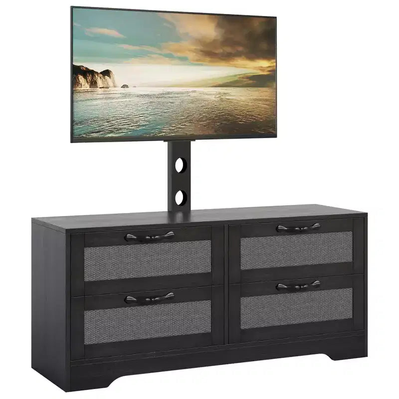 Acekool Mobile TV Credenza con Cassetti e Ante in Rattan, Mobiletto Media Stile Rustico per Soggiorno Camera da Letto