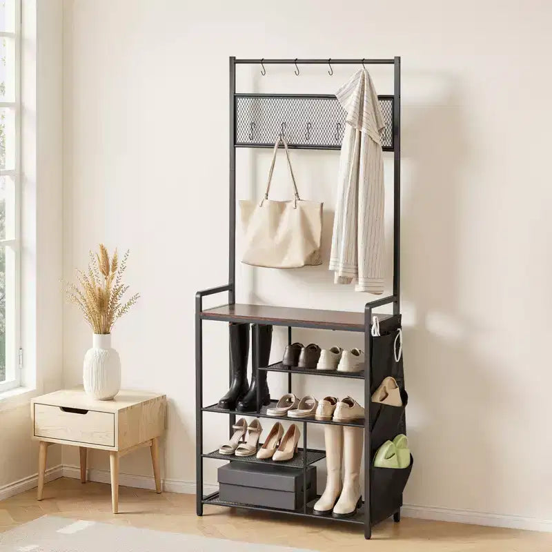 VEVOR Appendiabiti da Ingresso, Attaccapanni 180 cm con Scarpiera, Scarpiera Indipendente a 4 Livelli con Ganci, Tasca Laterale e Ripiano in Filo Metallico, Marrone e Nero