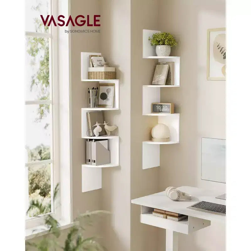 VASAGLE Set di 2, Mensole Angolari a Muro, Scaffali Angolari Fluttuanti a 4 Livelli, Scaffali per Piante per Camera da Letto, Soggiorno, Bagno, Ufficio in Casa