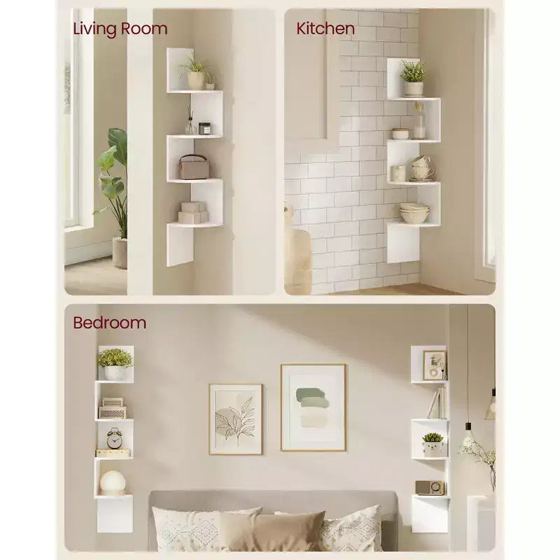 VASAGLE Set di 2, Mensole Angolari a Muro, Scaffali Angolari Fluttuanti a 4 Livelli, Scaffali per Piante per Camera da Letto, Soggiorno, Bagno, Ufficio in Casa