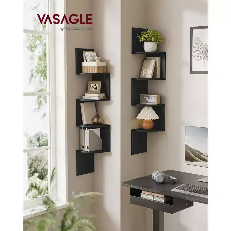 VASAGLE Set di 2, Mensole Angolari a Muro, Scaffali Angolari Fluttuanti a 4 Livelli, Scaffali per Piante per Camera da Letto, Soggiorno, Bagno, Ufficio in Casa