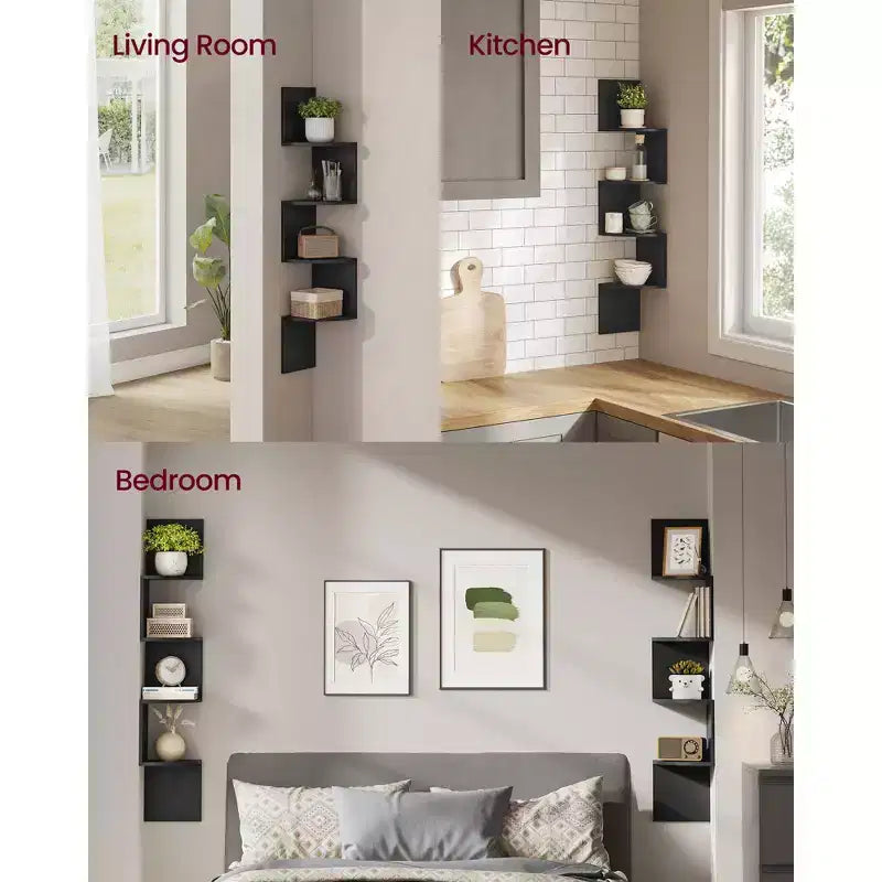 VASAGLE Set di 2, Mensole Angolari a Muro, Scaffali Angolari Fluttuanti a 4 Livelli, Scaffali per Piante per Camera da Letto, Soggiorno, Bagno, Ufficio in Casa