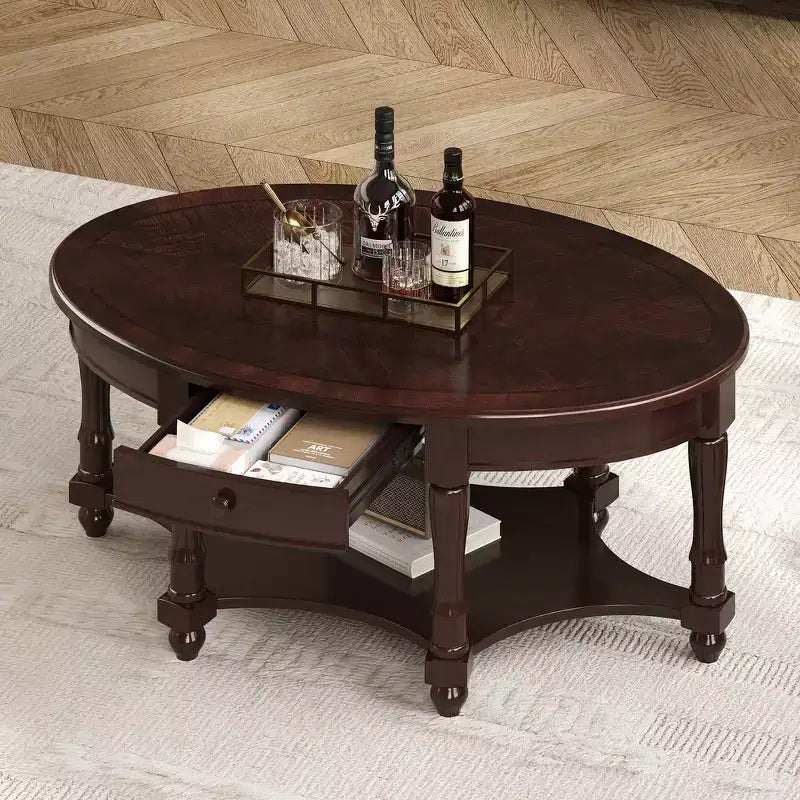 Tavolino da caffè ovale Whisen in stile rustico francese con cassetto e ripiano inferiore per il soggiorno