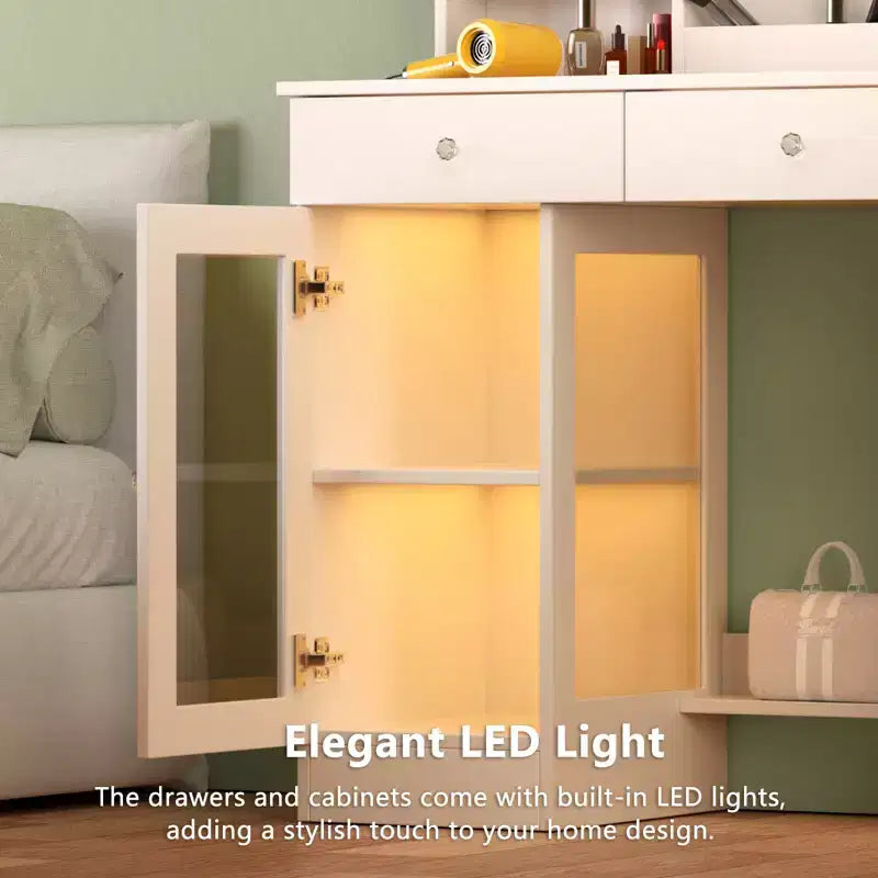 JVNOXK Set Toeletta con Specchio Illuminato e Sedia, Piccola Toletta con Piano in Vetro, 2 Porte USB, Cassetti e Mobiletto, Bianco