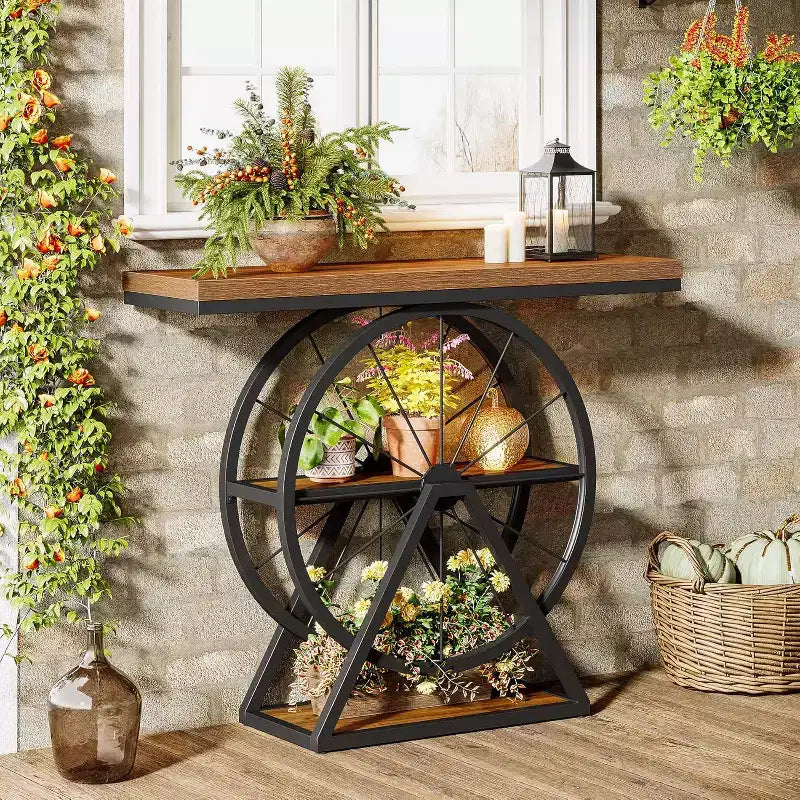 Tavolino console Lantine 39.4, tavolo da divano a 3 ripiani in stile industriale con base a ruote fisse con contenitore per soggiorno, corridoio, atrio