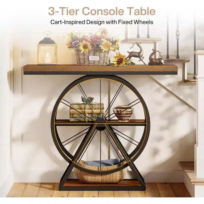 Tavolino console Lantine 39.4, tavolo da divano a 3 ripiani in stile industriale con base a ruote fisse con contenitore per soggiorno, corridoio, atrio
