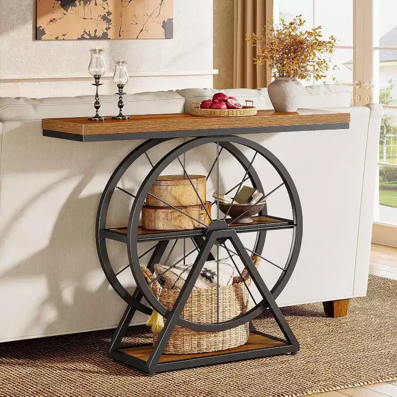 Tavolino console Lantine 39.4, tavolo da divano a 3 ripiani in stile industriale con base a ruote fisse con contenitore per soggiorno, corridoio, atrio