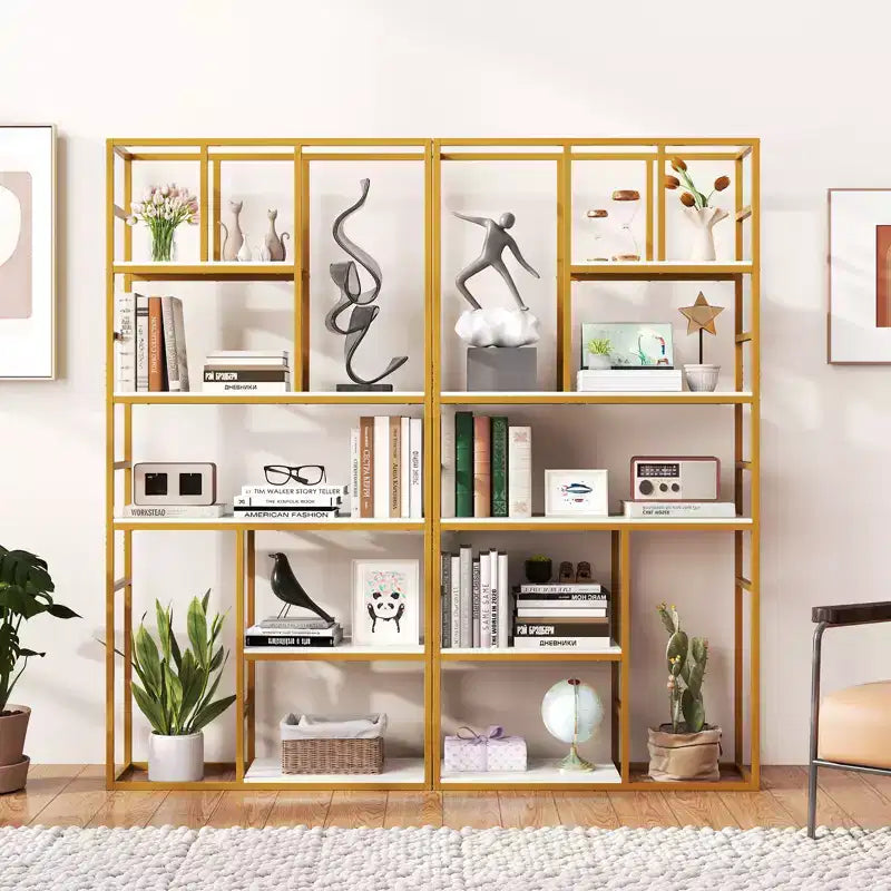 Gymax Libreria a 5 Ripiani con Scaffali Aperti e Dispositivo Antiribaltamento, 2 Pezzi, Oro