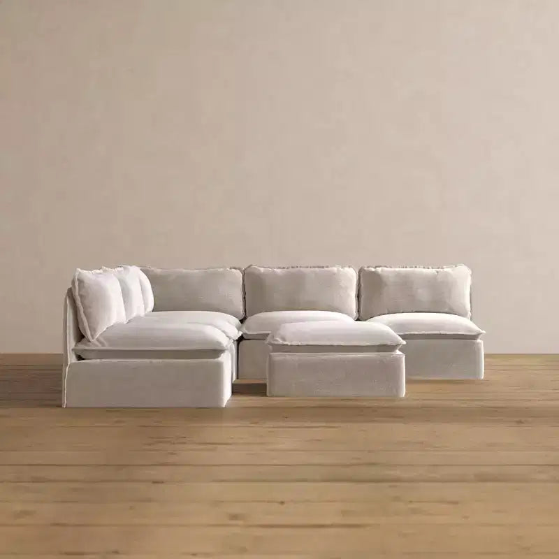 Divano Angolare Componibile Anabei Lavabile a 5 Posti con Elementi Terminali Aperti + Pouf | Seduta Memorix+ e Cuscino Contour