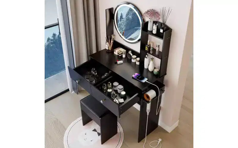 Scrivania da Trucco di Lusso da 17 Pollici con Specchio a LED, Organizzazione Salvaspazio, Hub Elettrico Integrato, Supporto per Asciugacapelli e Sgabello Abbinato per la Camera da Letto