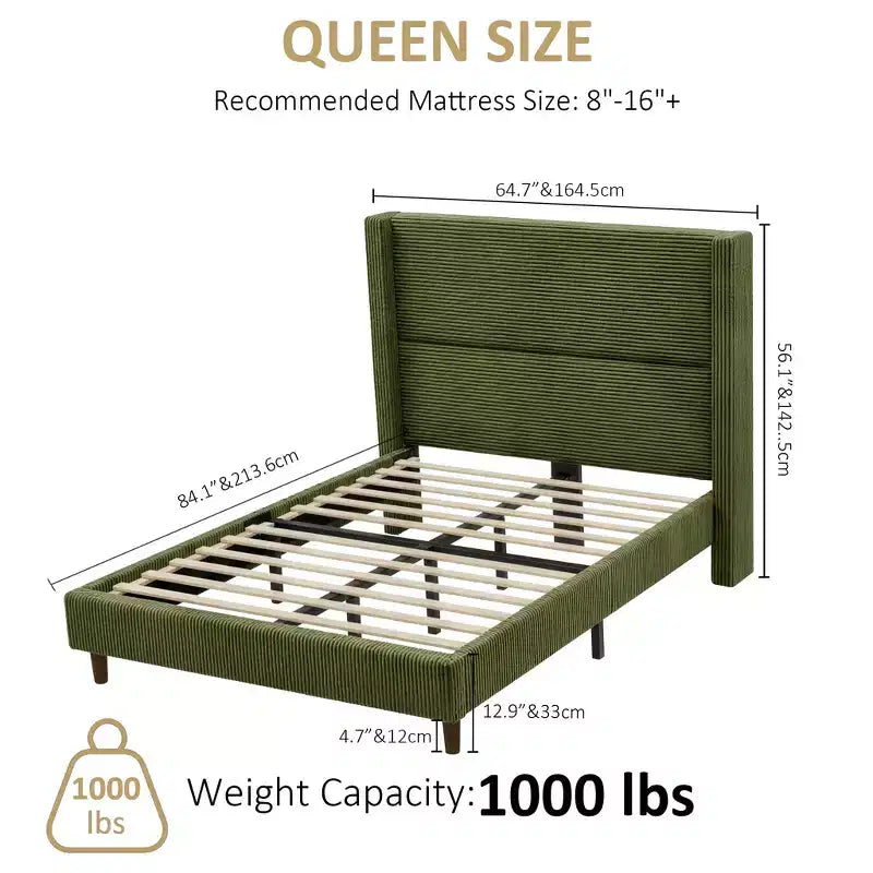 Dyonery Queen Struttura Letto in Velluto a Coste, Struttura Letto Moderna con Testiera a Onde Alta 142 cm, Nessuna Molla Richiesta, Facile Montaggio