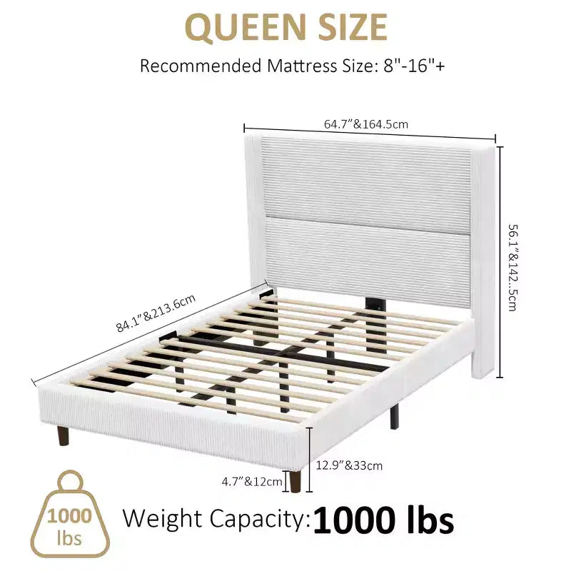Dyonery Queen Struttura Letto in Velluto a Coste, Struttura Letto Moderna con Testiera a Onde Alta 142 cm, Nessuna Molla Richiesta, Facile Montaggio