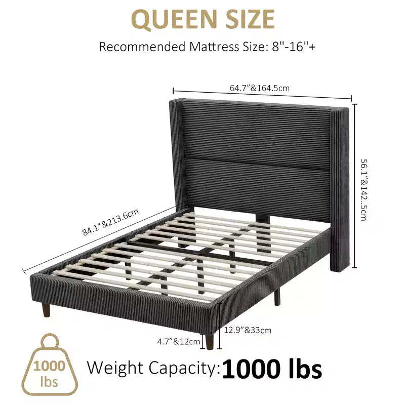 Dyonery Queen Struttura Letto in Velluto a Coste, Struttura Letto Moderna con Testiera a Onde Alta 142 cm, Nessuna Molla Richiesta, Facile Montaggio
