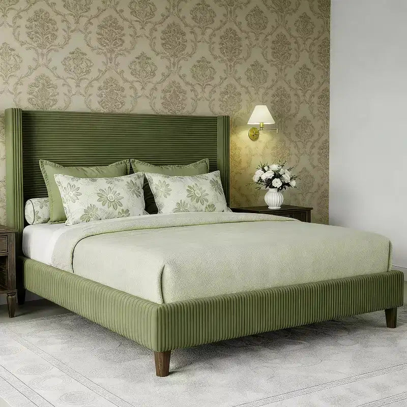 Dyonery Queen Struttura Letto in Velluto a Coste, Struttura Letto Moderna con Testiera a Onde Alta 142 cm, Nessuna Molla Richiesta, Facile Montaggio