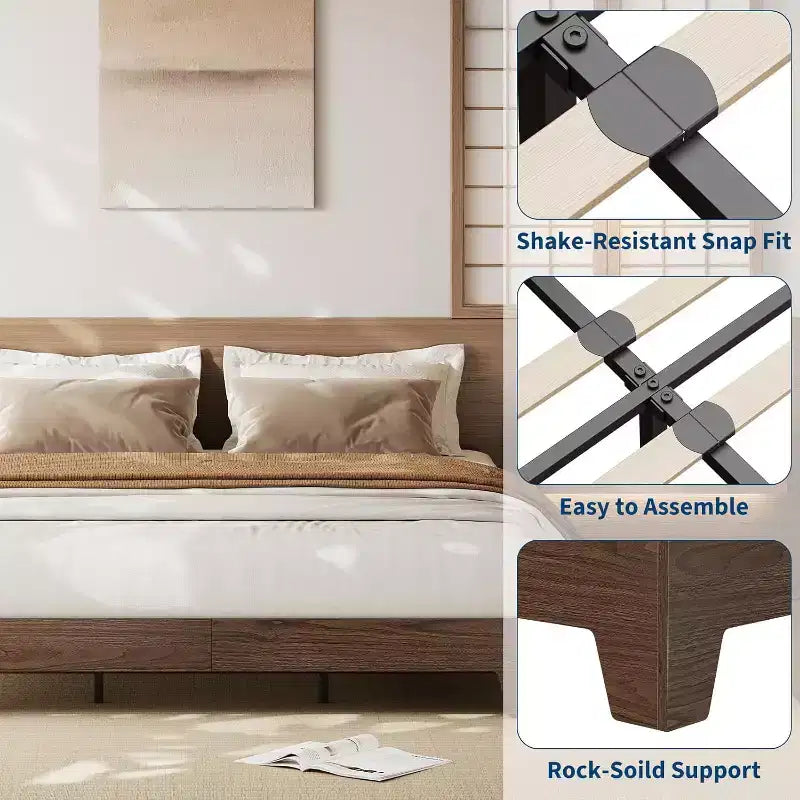 Base letto in legno con doghe, design minimalista, spazio contenitivo sotto il letto, nessun bisogno di rete, silenzioso e facile da montare, noce