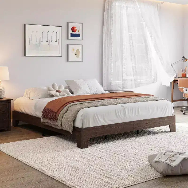 Base letto in legno con doghe, design minimalista, spazio contenitivo sotto il letto, nessun bisogno di rete, silenzioso e facile da montare, noce