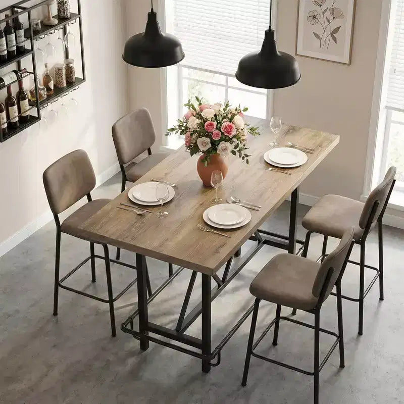 MAYEERTY 63 Tavolo da pranzo industriale altezza bancone, piano in legno rustico a 6 posti e gambe in metallo con poggiapiedi, tavolo da cucina e da lavoro multiuso