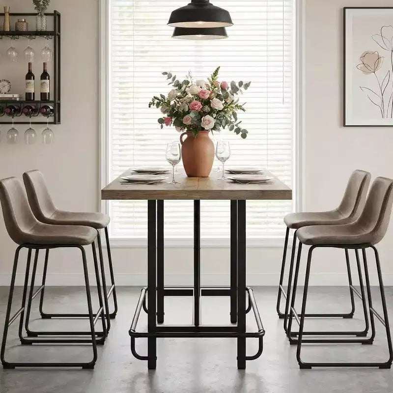 MAYEERTY 63 Tavolo da pranzo industriale altezza bancone, piano in legno rustico a 6 posti e gambe in metallo con poggiapiedi, tavolo da cucina e da lavoro multiuso