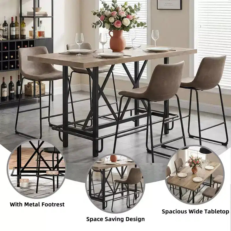 MAYEERTY 63 Tavolo da pranzo industriale altezza bancone, piano in legno rustico a 6 posti e gambe in metallo con poggiapiedi, tavolo da cucina e da lavoro multiuso